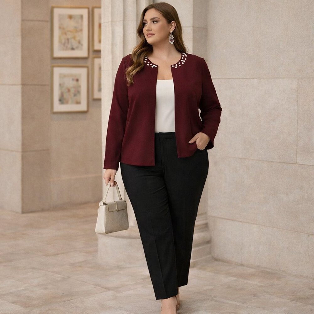 ✨ Burgundy Pearl Trim Open Front Cardigan – 4X